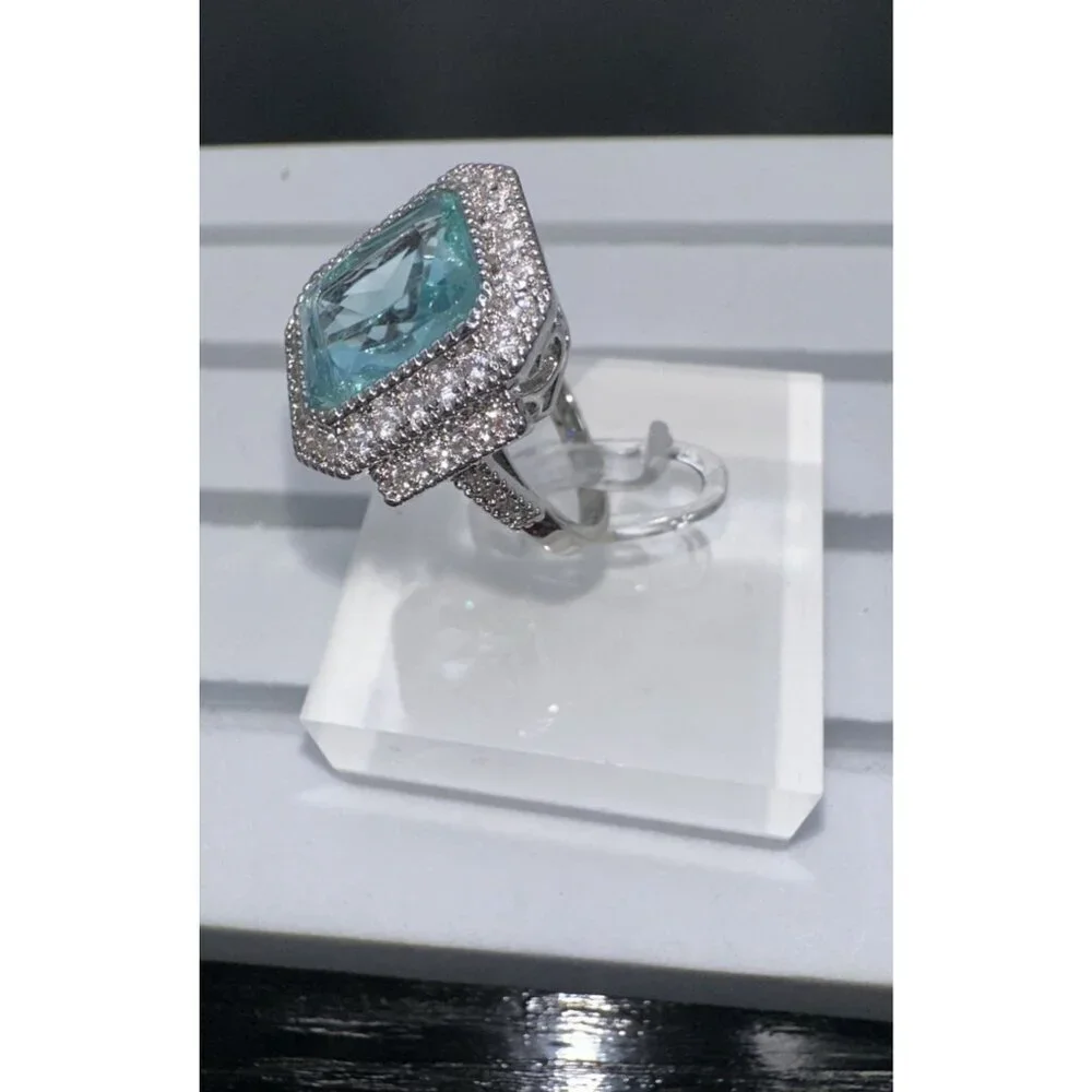 Aquamarine Cubic Zirconia White Crystal Ring Size 10